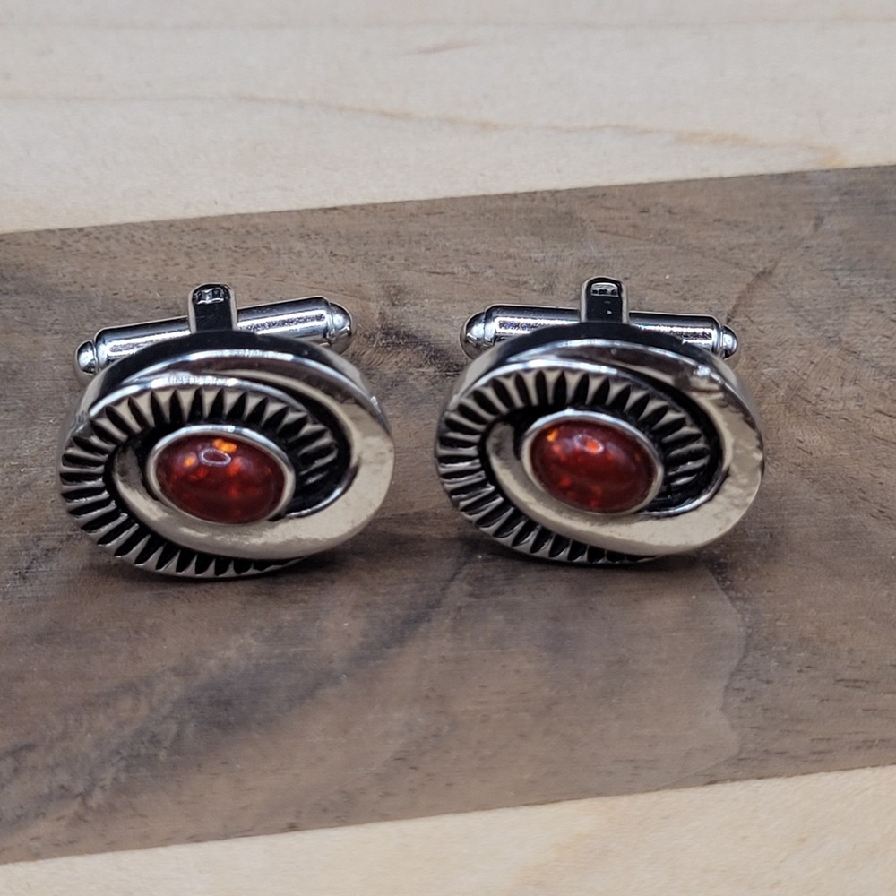 Vintage Speidel Cufflinks‎ Silver Tone Oval Mid Century MCM Swirl Stone